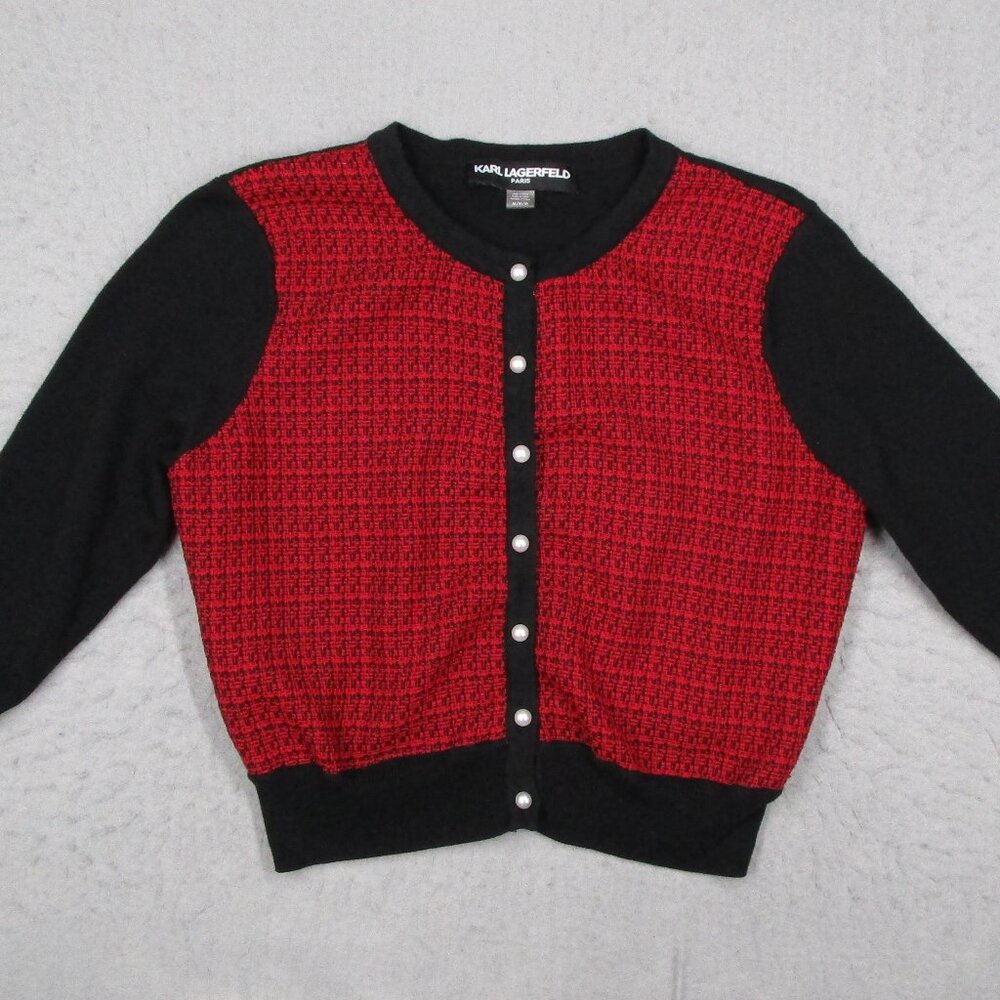 Karl Lagerfeld Sweater Women Red Button Up Long Sleeve Cardigan Pearl Buttons
